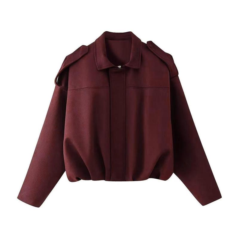 Women's Oversized Cropped Suede Style Jacket with Zip Front and Collar