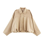 Women's Oversized Cropped Suede Style Jacket with Zip Front and Collar