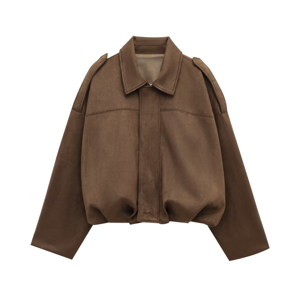 Women's Oversized Cropped Suede Style Jacket with Zip Front and Collar
