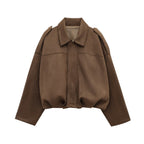 Women's Oversized Cropped Suede Style Jacket with Zip Front and Collar