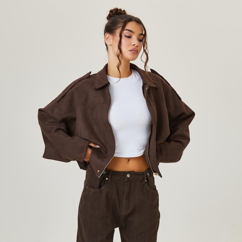 Women's Oversized Cropped Suede Style Jacket with Zip Front and Collar