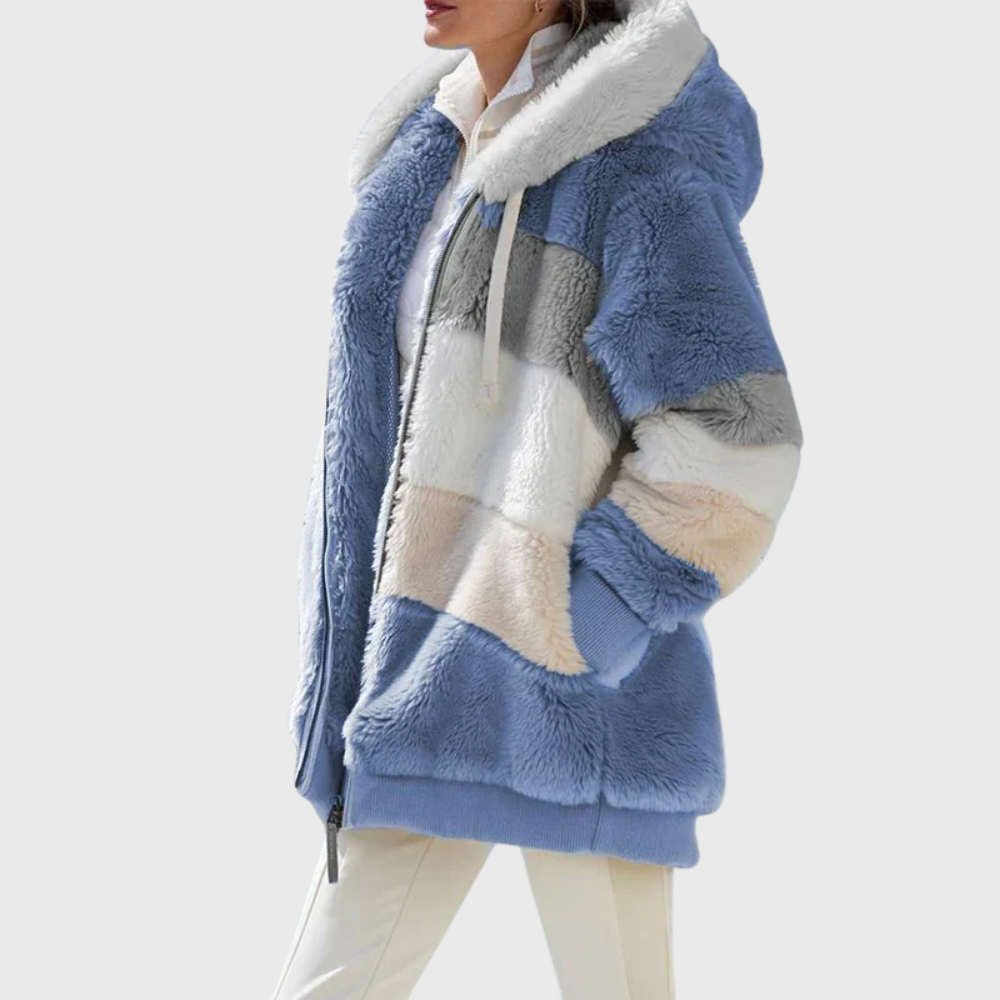 Women's Colour Block Teddy Fleece Hooded Jacket with Zip Front