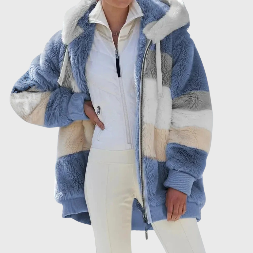 Women's Colour Block Teddy Fleece Hooded Jacket with Zip Front