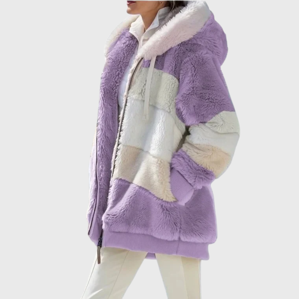 Women's Colour Block Teddy Fleece Hooded Jacket with Zip Front