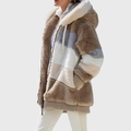 Women's Colour Block Teddy Fleece Hooded Jacket with Zip Front