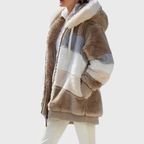 Women's Colour Block Teddy Fleece Hooded Jacket with Zip Front