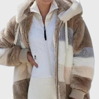 Women's Colour Block Teddy Fleece Hooded Jacket with Zip Front