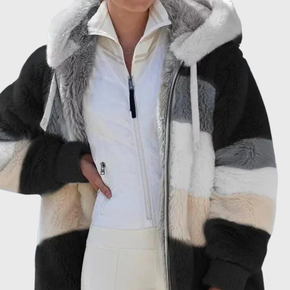 Women's Colour Block Teddy Fleece Hooded Jacket with Zip Front