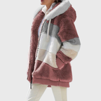 Women's Colour Block Teddy Fleece Hooded Jacket with Zip Front