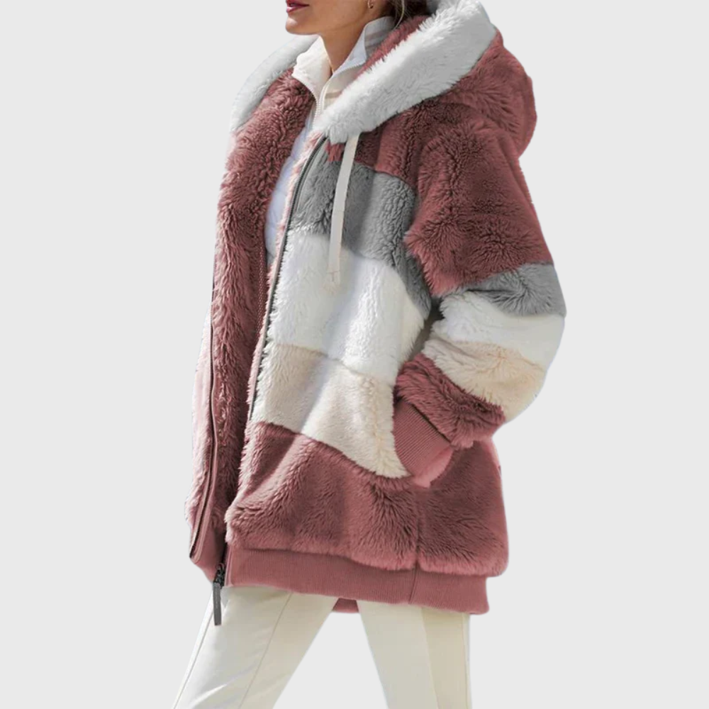 Women's Colour Block Teddy Fleece Hooded Jacket with Zip Front
