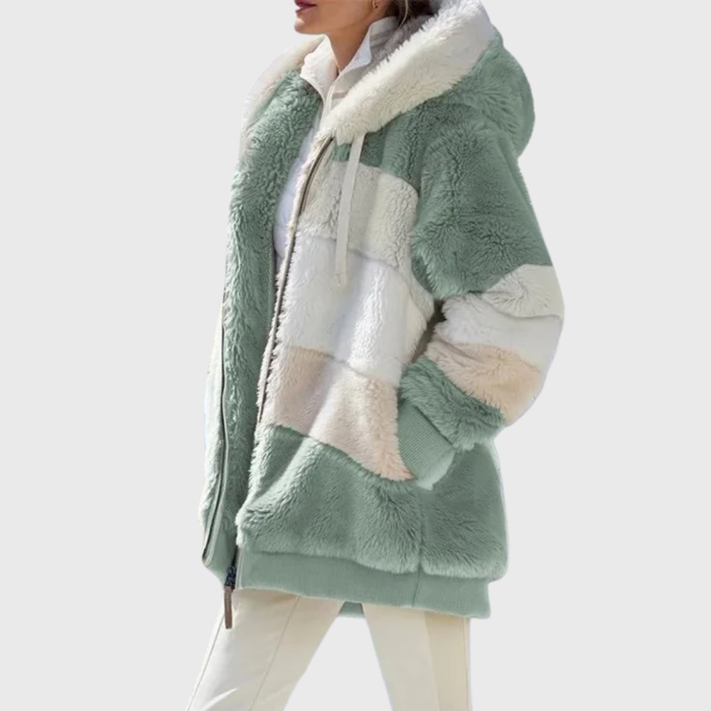 Women's Colour Block Teddy Fleece Hooded Jacket with Zip Front
