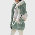 Women's Colour Block Teddy Fleece Hooded Jacket with Zip Front