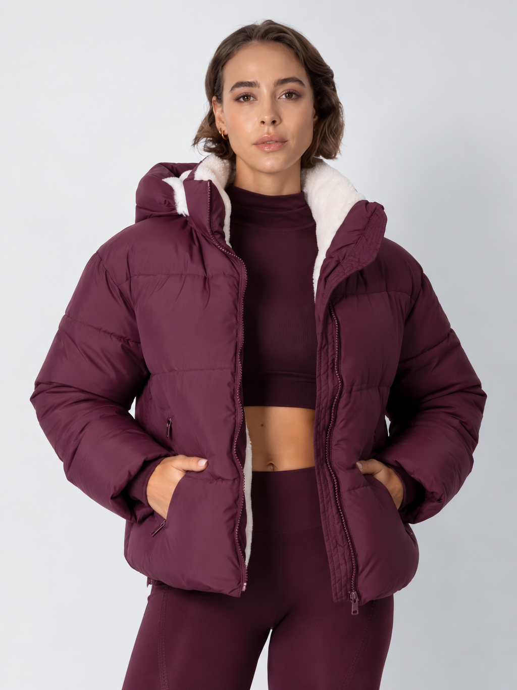 Women's Padded Hooded Puffer Jacket with Fleece Lining and Pockets