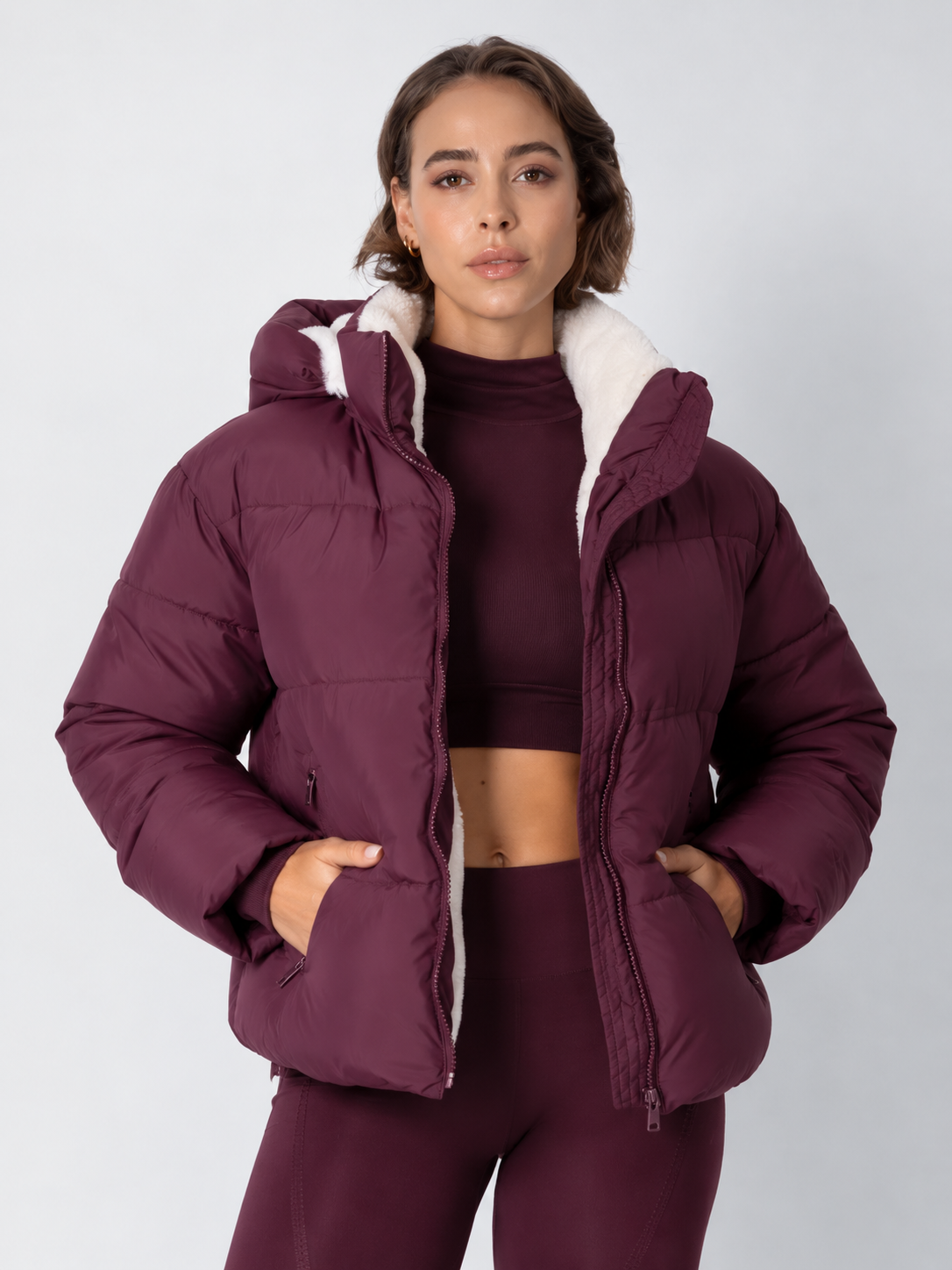 Women's Padded Hooded Puffer Jacket with Fleece Lining and Pockets
