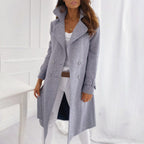 Women's Longline Double Breasted Coat with Lapel Collar with Pockets