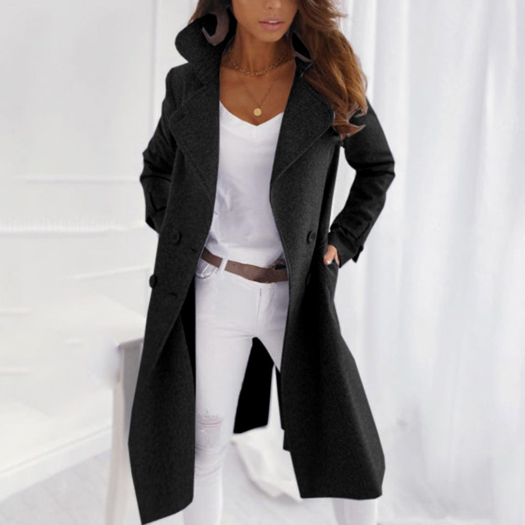 Women's Longline Double Breasted Coat with Lapel Collar with Pockets
