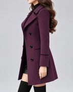 Women's Double Breasted Pea Coat with Notch Lapels and Piped Trim