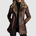 Women's longline leather look jacket with shearling lined lapels and an asymmetric zip