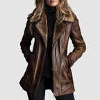 Women's longline leather look jacket with shearling lined lapels and an asymmetric zip