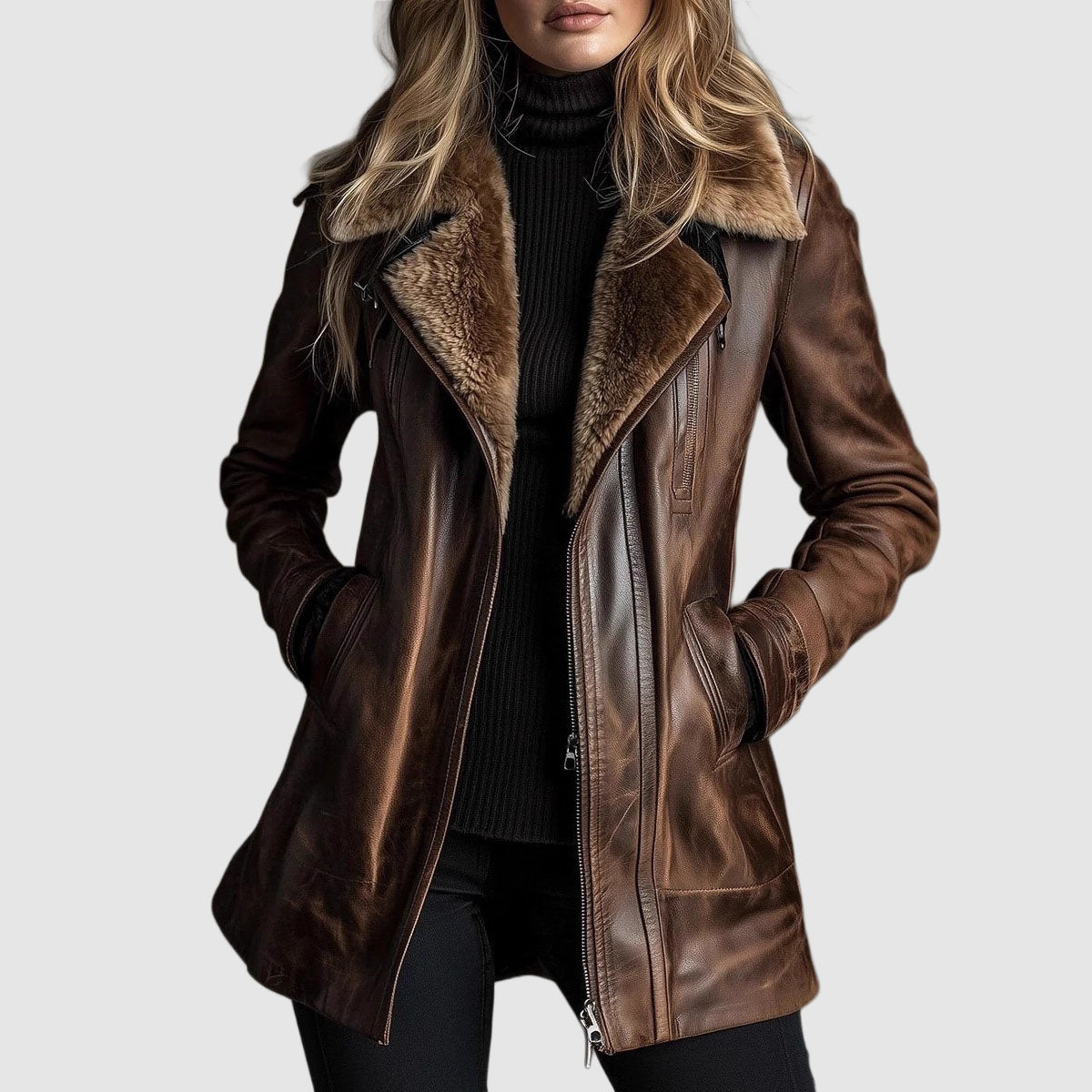 Women's longline leather look jacket with shearling lined lapels and an asymmetric zip