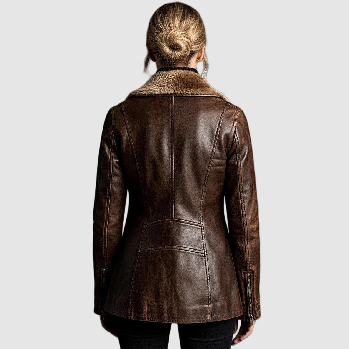 Women's longline leather look jacket with shearling lined lapels and an asymmetric zip