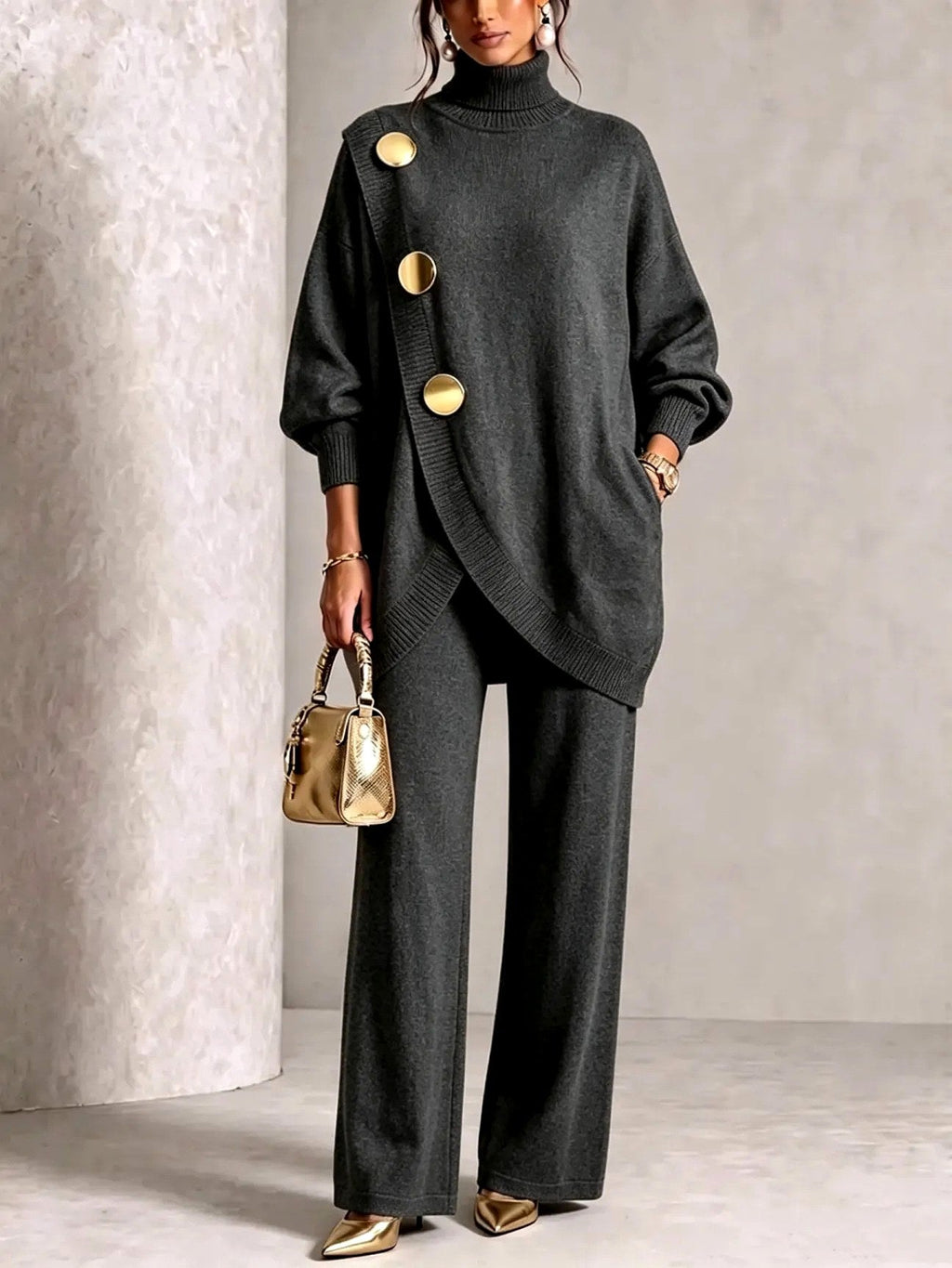 Women's knitted two piece set with a turtleneck top and wide leg trousers