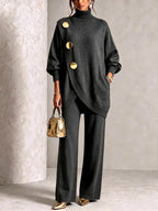 Women's knitted two piece set with a turtleneck top and wide leg trousers