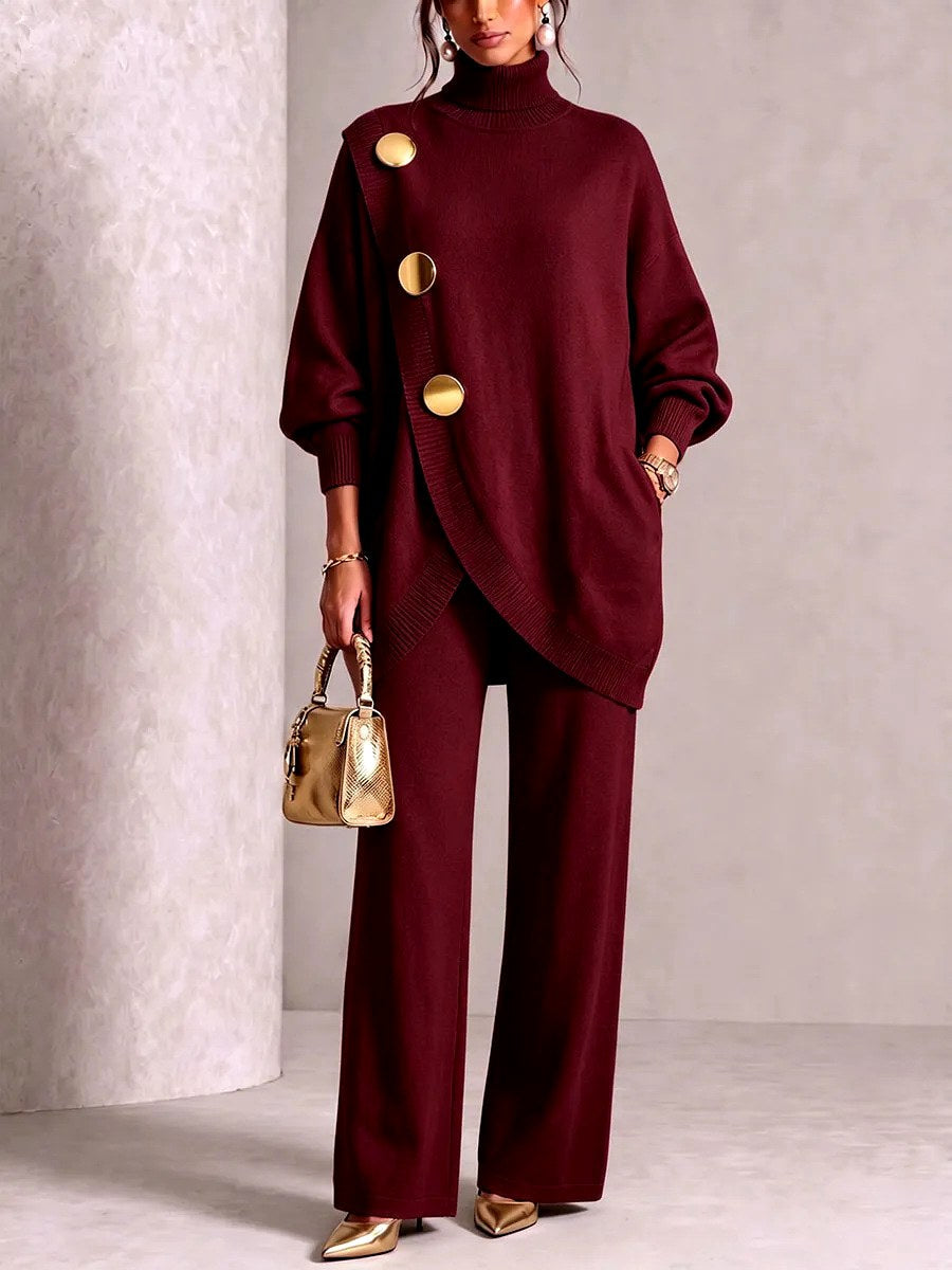 Women's knitted two piece set with a turtleneck top and wide leg trousers