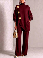 Women's knitted two piece set with a turtleneck top and wide leg trousers