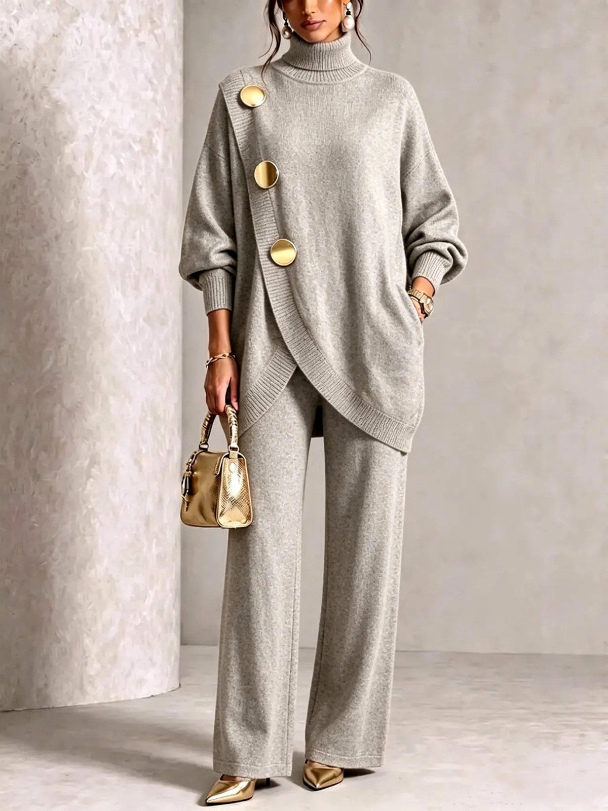 Women's knitted two piece set with a turtleneck top and wide leg trousers