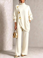 Women's knitted two piece set with a turtleneck top and wide leg trousers