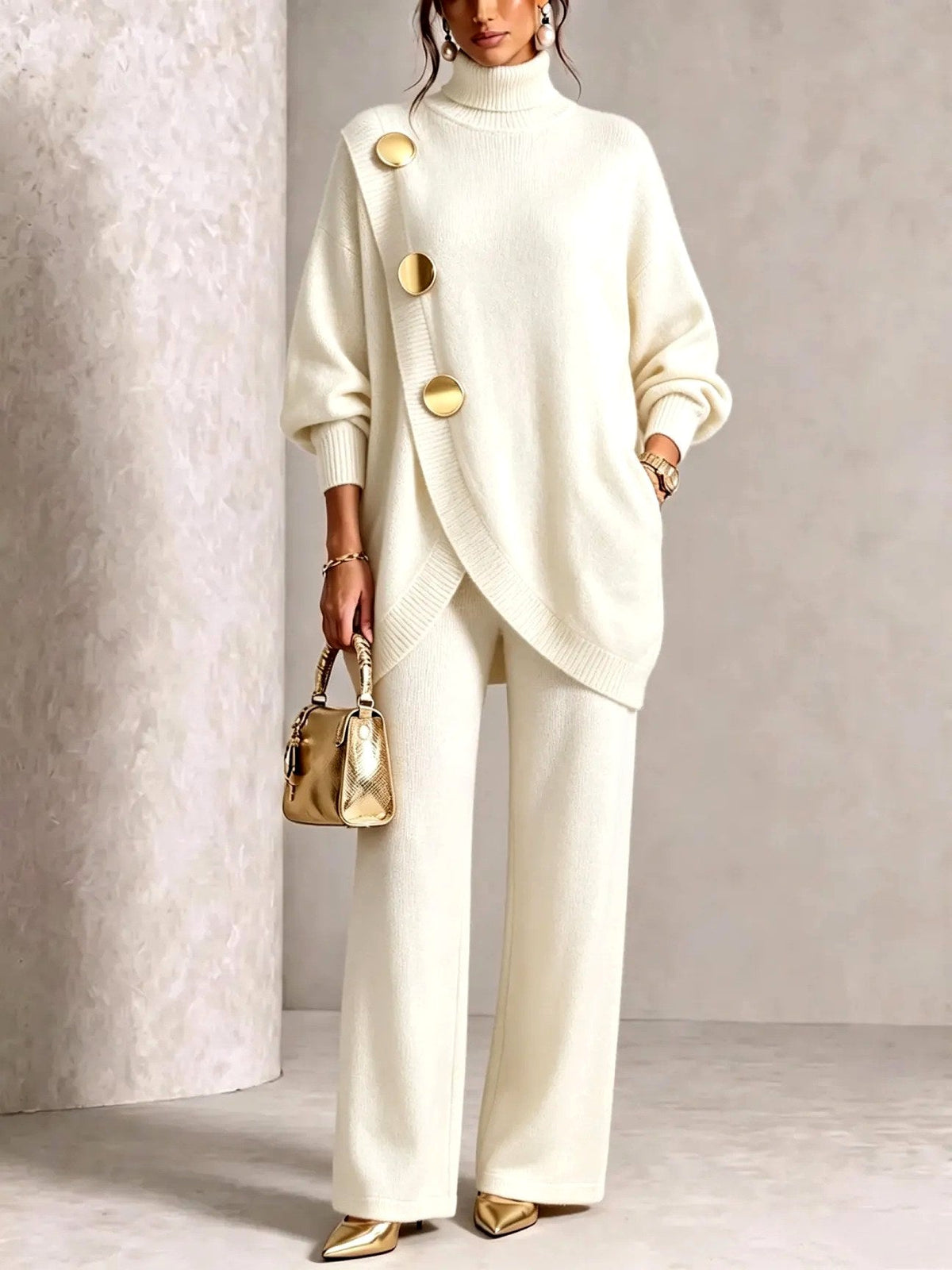 Women's knitted two piece set with a turtleneck top and wide leg trousers