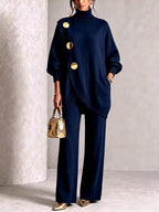 Women's knitted two piece set with a turtleneck top and wide leg trousers