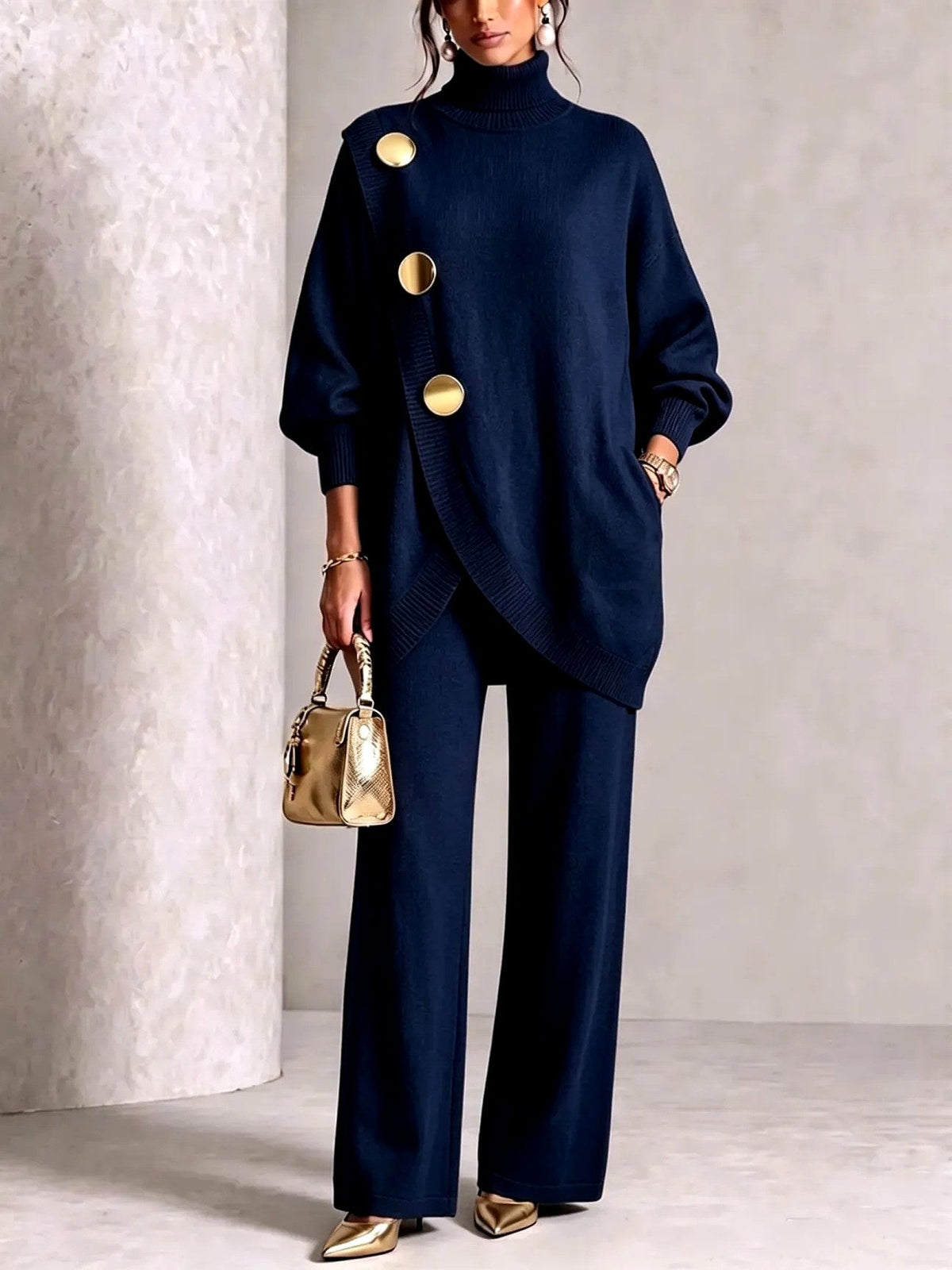 Women's knitted two piece set with a turtleneck top and wide leg trousers