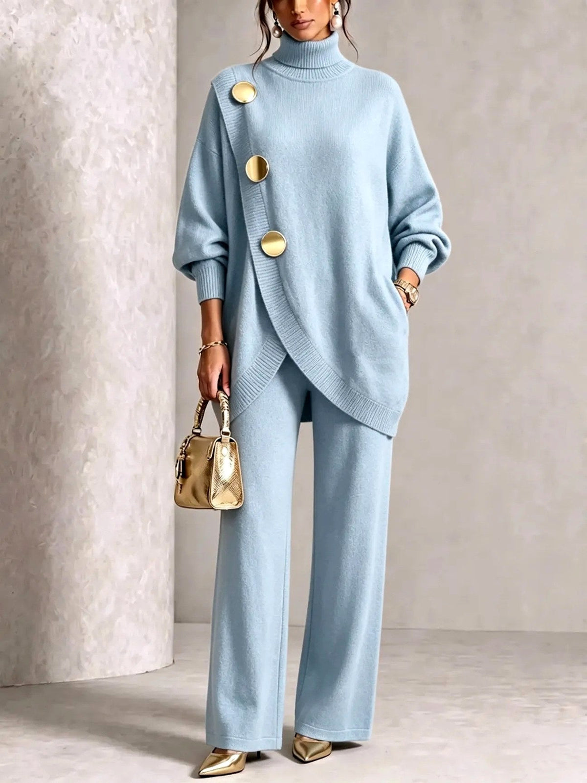 Women's knitted two piece set with a turtleneck top and wide leg trousers