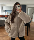 Women's Oversized Teddy Fleece Jacket with Stand Collar and Zip Front