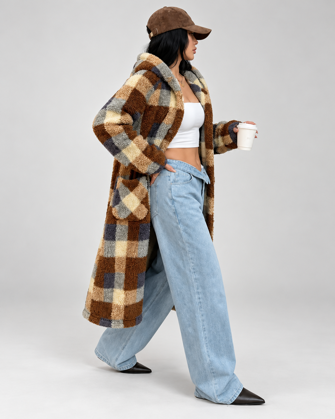 Women's Longline Checked Teddy Fleece Coat with Hood and Button Front
