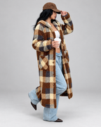 Women's Longline Checked Teddy Fleece Coat with Hood and Button Front