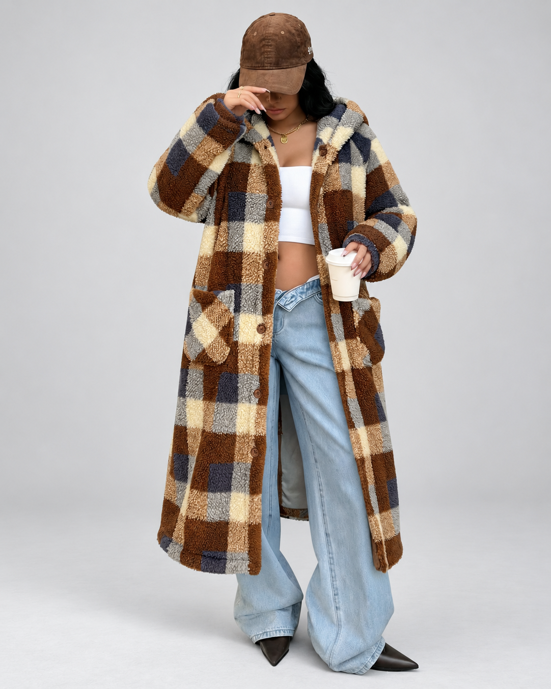 Women's Longline Checked Teddy Fleece Coat with Hood and Button Front
