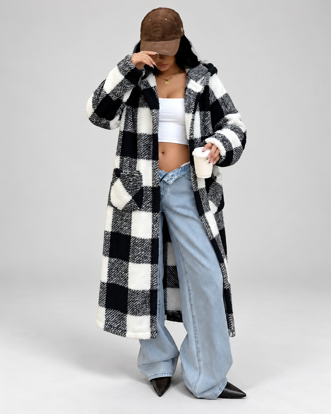 Women's Longline Checked Teddy Fleece Coat with Hood and Button Front