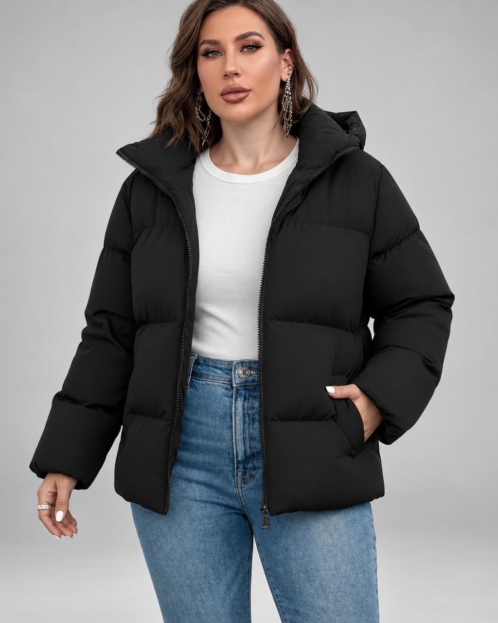 Women's Black Hooded Puffer Jacket with Zip Front and Side Pockets