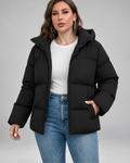 Women's Black Hooded Puffer Jacket with Zip Front and Side Pockets