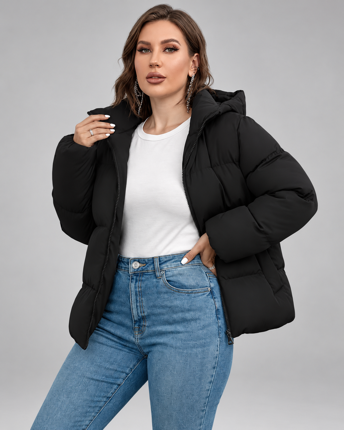 Women's Black Hooded Puffer Jacket with Zip Front and Side Pockets