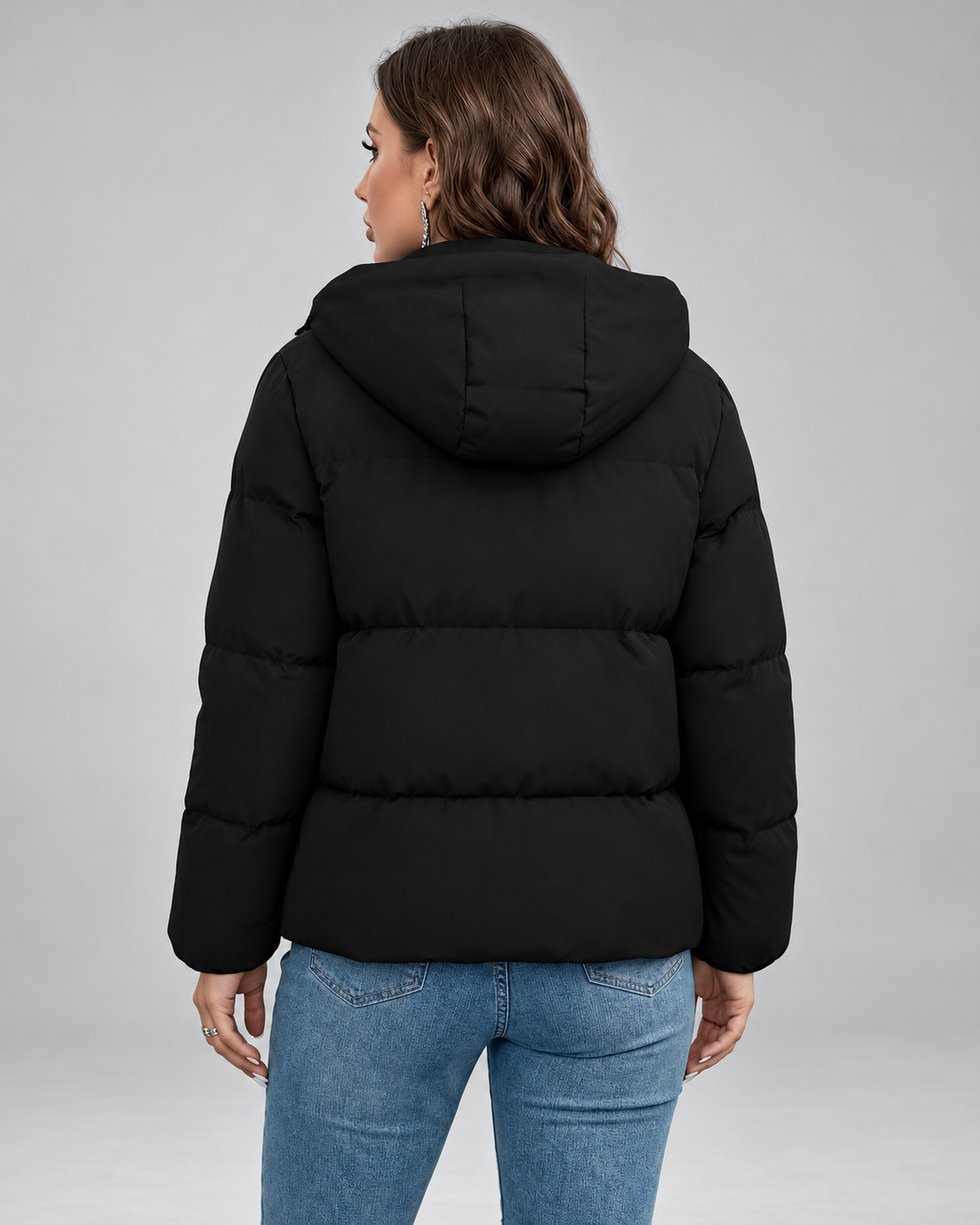 Women's Black Hooded Puffer Jacket with Zip Front and Side Pockets