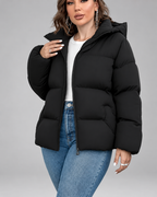 Women's Black Hooded Puffer Jacket with Zip Front and Side Pockets