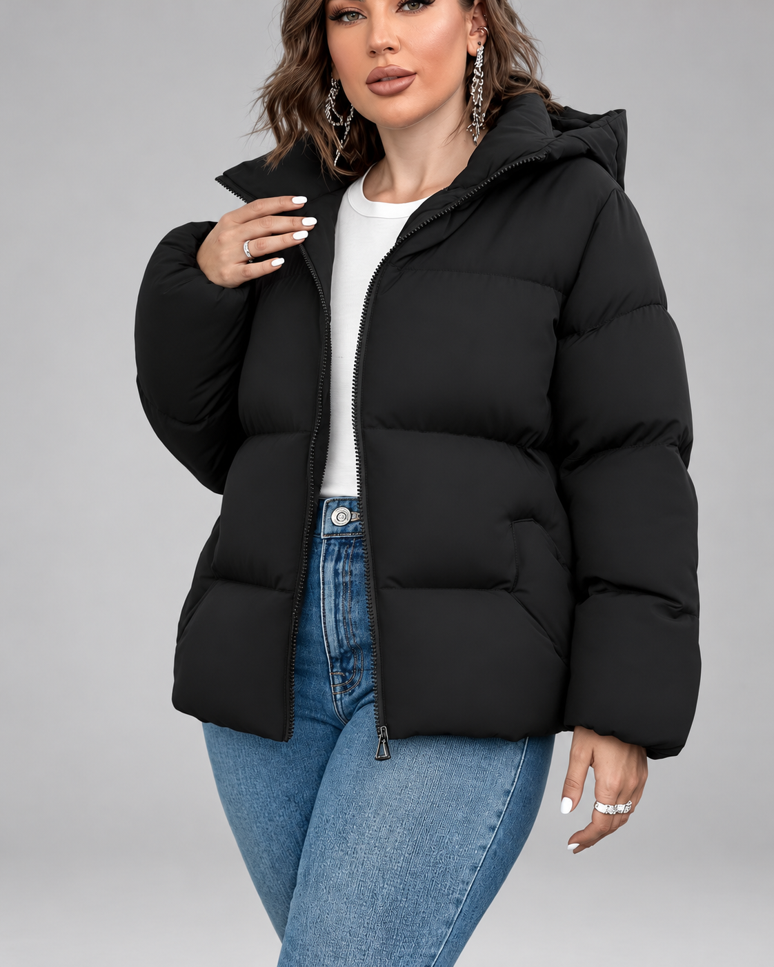 Women's Black Hooded Puffer Jacket with Zip Front and Side Pockets