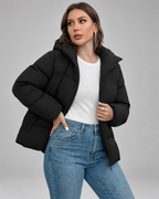 Women's Black Hooded Puffer Jacket with Zip Front and Side Pockets