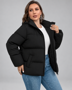 Women's Black Hooded Puffer Jacket with Zip Front and Side Pockets