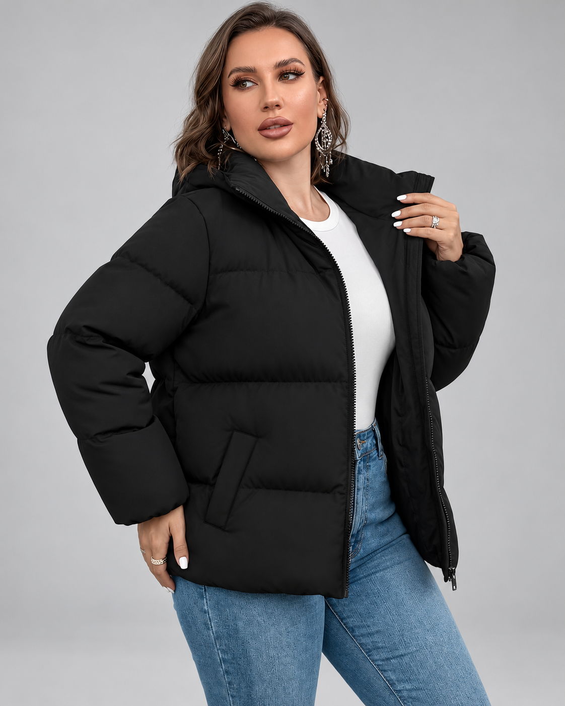 Women's Black Hooded Puffer Jacket with Zip Front and Side Pockets