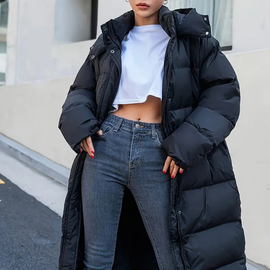 Women's Longline Padded Puffer Jacket with Hood and Stand Collar